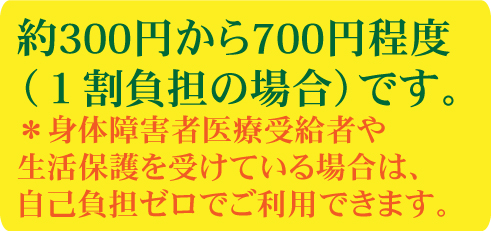 一回あたりの料金は約300円から700円程度（１割負担の場合）です。＊身体障害者医療受給者や生活保護を受けている場合は、自己負担ゼロでご利用できます。 